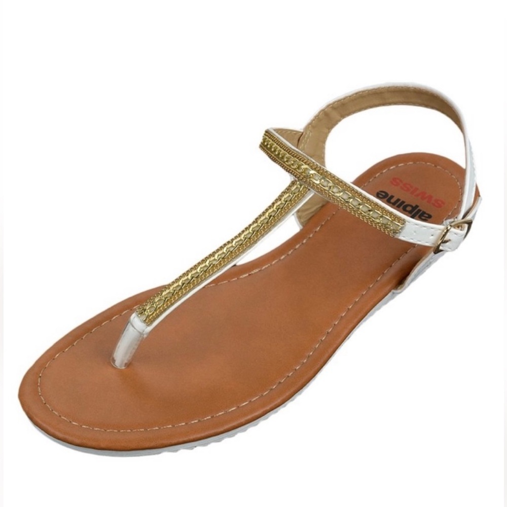 Alpine Swiss T-Strap Sandals Gold Accent Slingback Thongs White Gold Size 5